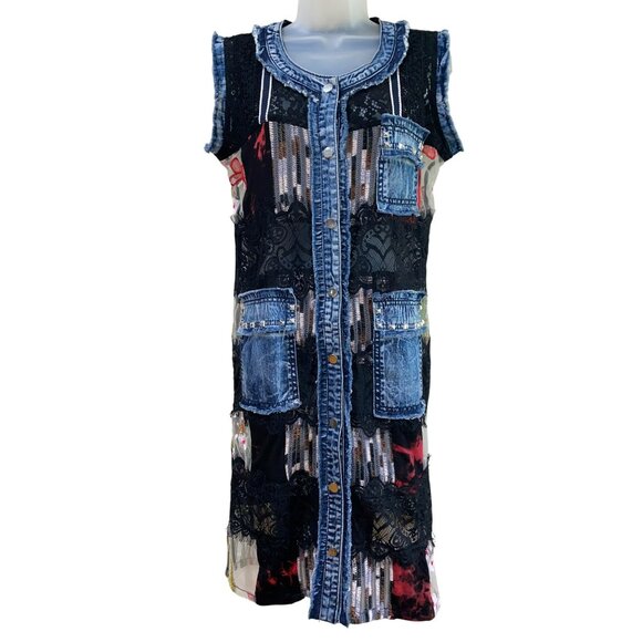 Adore Womens M Patchwork Sleeveless Dress W/ Denim Trim & Pockets Cotton/Polyest - Picture 7 of 10